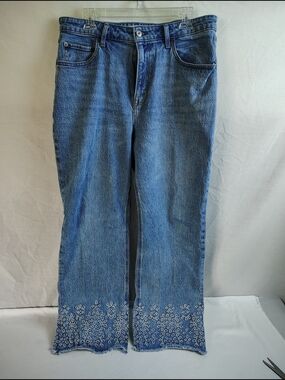 Abercrombie & Fitch Blue Embroidered-Hem Wide Leg Jeans
